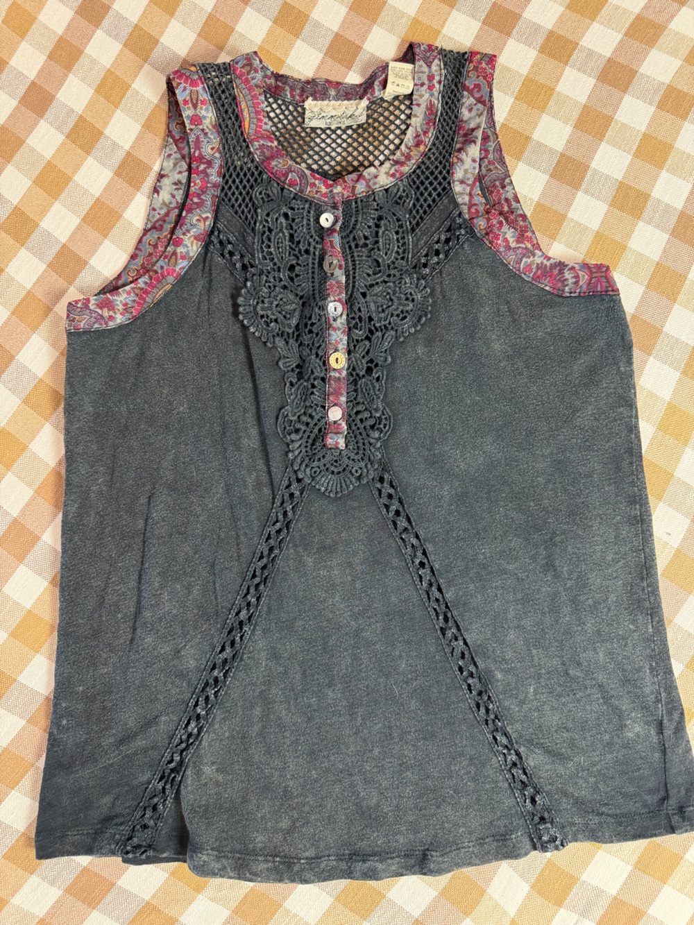 BKE Boutique Boho Acid Wash Crochet Lace Sleeveless Tunic Tank Top Gray Small